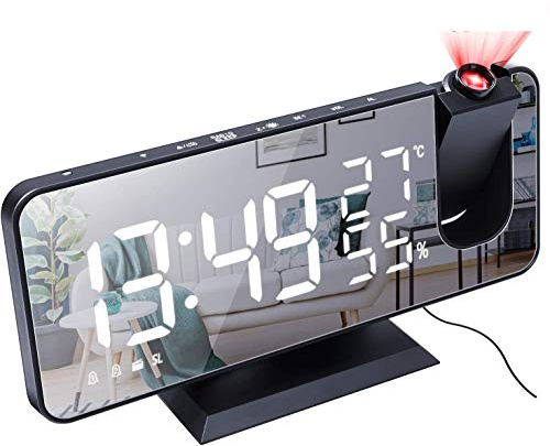 DollaTek Reloj Despertador con proyección de Radio LED Pantalla Grande Temperatura y Humedad Reloj electrónico para Dormitorio Cocina - Concha Negra Blanco Digital