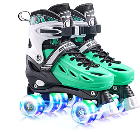 METROLLER Roller Skates for Girls Ages 5-8 8-12 and Boys Teens, Adjustable 4 Sizes for Kids Toddler Rollerskates with Light up Wheels, for Women (Green, Large-Youth & Adult (4-7 Men/5-8 Women))