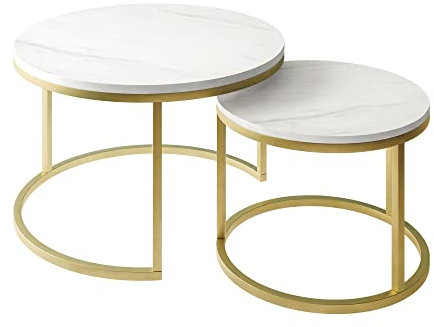 lukmebel Ciri Runder 2-in-1-Couchtisch – 2er-Set – Satztische Wohnzimmer – Levanto-Marmorplatten auf goldenem Metallsockel – 70x48x70/80 cm & 50x42x50/60 cm