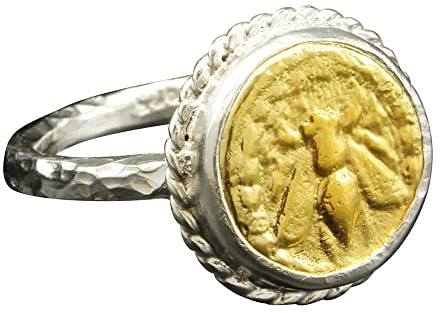 Caprixus 925 Sterling Silver Two Tone Honey Bee 24K Yellow Gold Vermeil Ancient Bumblebee Signet Coin Ring Hammered Rings for Women Designer Fine Jewelry (US 8.75)