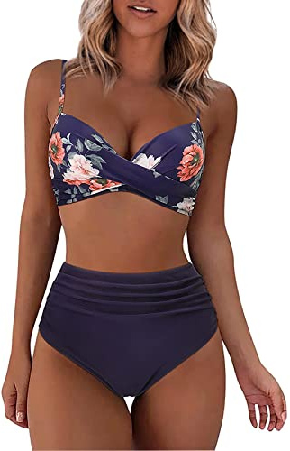 Maillot De Bain Femme 2 Pieces Maillot De Bain Deux PièCes Sexy pour Femmes Push Up Rembourré Bandeau Bikini Maillot De Bain Gainant Ventre Plat Culotte Taille Haute Maillot Bain(01Marine,L)