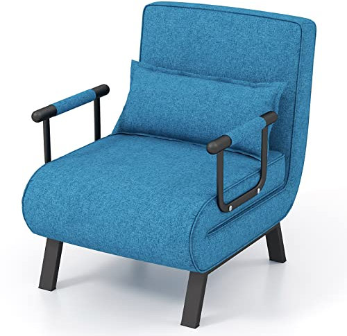 RELAX4LIFE Schlafsessel 4 in 1, Schlafsofa mit Bettfunktion, Klappsessel mit 6-stufig Verstellbarer Rückenlehne&Abnehmbarem Kissen&Armlehnen, bis 150kg belastbar, Gästebett für Wohnzimmer (Blau)
