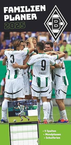 N NEUMANNVERLAGE - Borussia Mönchengladbach 2025 Fan-Timer, 22x45cm, Fußball-Familienplaner mit 5 Spalten und Motiven der Stars, Fan-Kalender mit Fußball-Highlights und deutsches Kalendarium