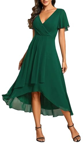 Ever-Pretty Vestidos de Invitada de Boda Elegantes Vestidos de Noche de Gasa Mujer Midi Cortos Vestidos de Novia Armada Verde Oscuro 42