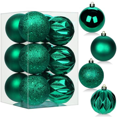 12 pcs Christmas Baubles Xmas Ball Ornaments with Strings, 80mm/3.1 Dark Green Shatterproof Plastic Hanging Decorations, Christmas Tree Pendants for Home Party Wedding Holiday