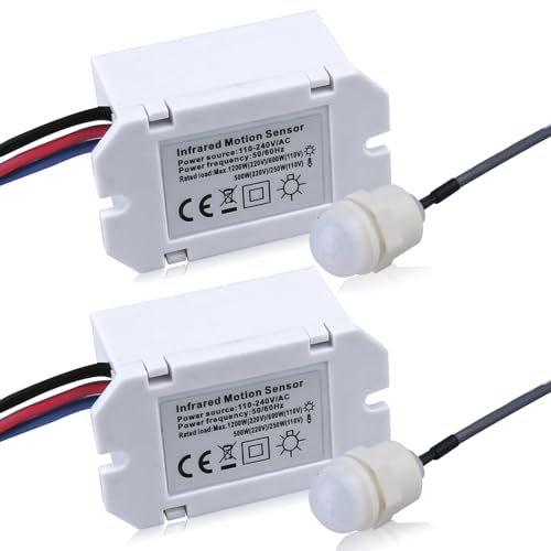 Mini Détecteur de Mouvement, 2 Pièces Commutateur de Capteur Infrarouge, Interieur Portée 8m/360°, Montage Encastré, Mini Infrarouge Détecteur de Mouvement avec Capteur Crépusculaire et Minuterie
