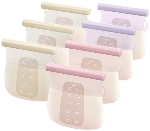 JellyRuru 7 PCS Reusable Breast Milk Storage Bags, 8.5oz 250ml Standard Silicone Breastmilk Freezer Storage Container, Leak-Proof & Self-Standing Milk Bags, Baby Food Bags