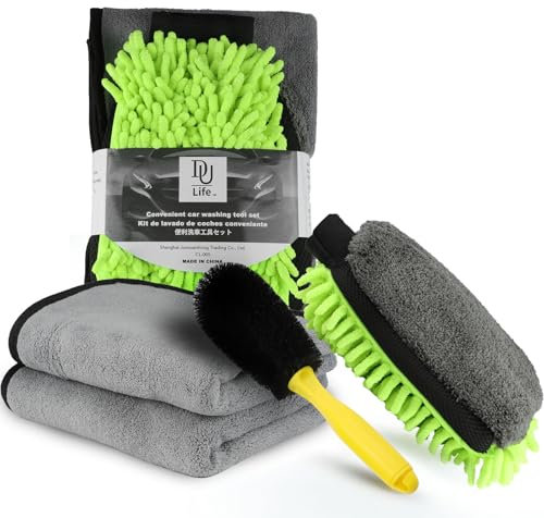 DU Life Car Cleaning Kit 4Pcs - Car washing Kits with 2PCS 40X60 CM Towels, 1PCS Wheel Brush, 1PCS Microfibre Cleaning Mitts - Wash kit interior & exterior