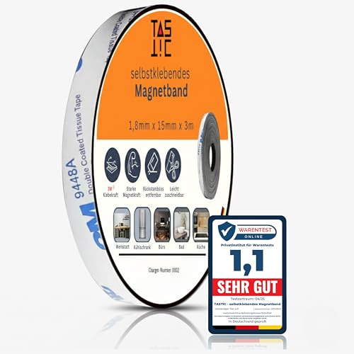 TASTIC - Selbstklebendes Magnetband 1,8mm x 15mm x 3m. Magnetklebeband selbstklebend extra dick und extra breit. Das Klebeband ist magnetisch, stark klebend und zuschneidbar