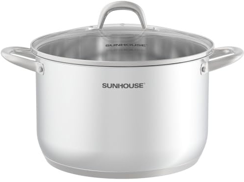 SUNHOUSE Stainless Steel Stock Pot - 16 Quart Heavy-Duty Induction Cooking Pot with Visible Lid for Pasta, Soup, Spaghetti - Nonstick Thick-Bottom Deep Stockpot for Canning, Boiling, and Simmering