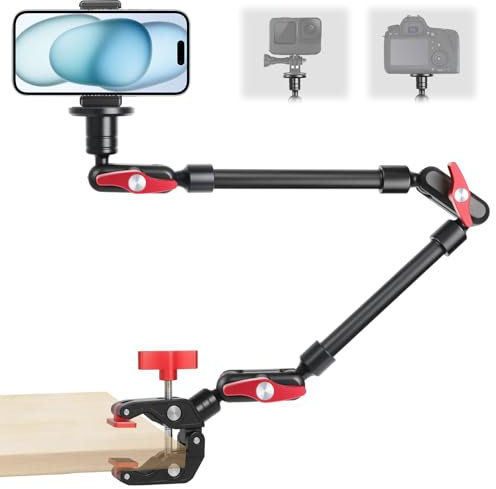 ZAKVOP Magic Arm con Super Clamp 23/59 cm, supporto per webcam con morsetto, morsetto flessibile a 360° con braccio flessibile 1/4 3/8'' testa a sfera, braccio webcam per fotocamera, action camera