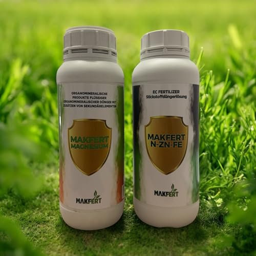MAKFERT Premium - Rasendünger Flüssig – Magnesium + N-ZN-FE | Hochwertiger Organomineralischer + Stickstoff Dünger | Set Artikel 2x 1L mit Ventildeckel für lange Haltbarkeit & stabile Qualität