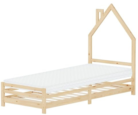 ML-Design Barnsäng i Husform 90x200 cm Natur med Madrass H:10 cm Träbädd med Lamellbotten Skorstensdesign Juniorsäng av Massiv Furu Sängram för Pojkar Flickor Barnrum Säng för Ungdom Sovplats Lekbädd