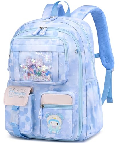 HANXIUCAO Cartable Fille Primaire - Sac a Dos Stitch, Kawaii Léger Sac Ecole Fille 6-11 Ans | CP CE1 CE2 CM1 CM2, Bleu