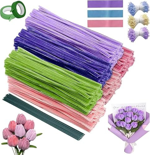 600 Stück Pfeifenreiniger Blumen Set,Bunt Pfeifenputzer zum Basteln,Blumenstrauß DIY,Blumendraht, Schleifenband,Chenilledraht für Basteln und Dekorieren(6 Farben)