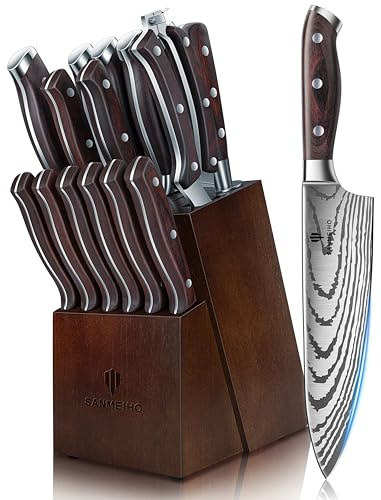 SANMEIHO Juego Cuchillos Cocina, 16 Piezas Set Cuchillos Cocina Profesional de Acero Inoxidable de Alto Carbono, Juego de Cuchillos con Bloque de Madera, Afilador, Cuchillo de Chef, Santoku, Tijeras