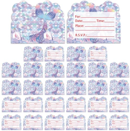 TEOZBLU 30Pcs Inviti Compleanno Bambina,Biglietti Invito Compleanno Dei Bambini,Patines Per Bambino,14x11 cm,Motivo Sirena sognante,Inviti Battesimo Per Ragazze Ragazzi,Feste Di Compleanno Per Bambini