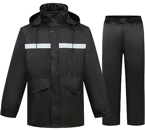 Tobysper Tuta antipioggia da moto, per uomo e donna, impermeabile, 2 pezzi, traspirante, abbigliamento antipioggia, giacca e pantaloni, antivento, tuta antipioggia, O nero., XL