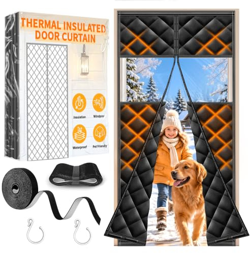 HOFUDON Thermal Door Curtain Magnetic 80 x 200 cm, Black with Window | Heavy Duty Oxford fabric, Waterproof Windproof, Powerful Magnets Self-Closing, insulated door curtain for Winter, No Drill