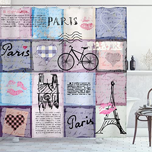 Ambesonne Paris Shower Curtain, Grunge Textured Retro Collage of France Famous Object Eiffel Tower Europe Theme, Cloth Fabric Bathroom Decor Set with Hooks, 69 W x 75 L, Multicolor Lilac