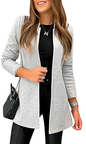 ORANDESIGNE Blazer Slim Fit Costume Basique pour Femme Veste de Tailleur OL Manches Longues Manteau Casual Cardigan Affaires Bureau Jacket Coat Gris Clair 44