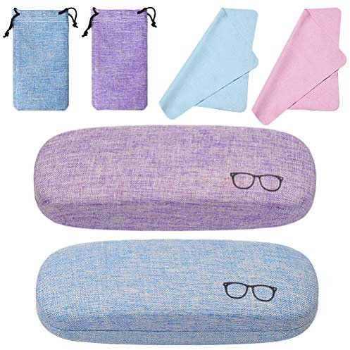 kuou 2 Pack Hard Shell Eyeglasses Case, Linen Fabric Protective Glasses Case with Drawstring Pouch Cleaning Cloth for Glasses Storage