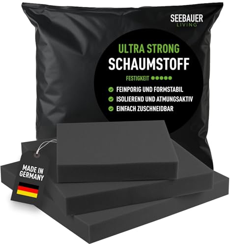 SEEBAUER living Schaumstoff Ultra Strong RG 60/70 (Sehr fest) 60 x 40 x 2 cm Schaumstoffplatte für Polster und Sitzkissen, Polsterschaumstoff als Zuschnitt für Sitzpolster