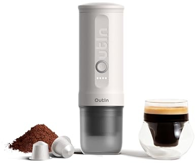 OutIn Nano Macchina da caffè espresso elettrica portatile, caffettiera da viaggio per il campeggio, caffettiera da auto auto-riscaldamento con USB-C, con caffè macinato e capsula NS