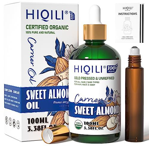 HIQILI Sweet Almond Oil with Roller Bottle, 100% Pure and Natural Carrier Oil for Hair, Skin, Body, Massage, Diluting Essential Oils- 3.38 Fl Oz