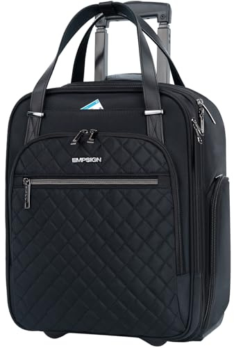 EMPSIGN Underseat Carry On Wheeled - 16 Carry on Bag with Wheels Multi-functional Lightweight Rolling Bag Overnight Weekender Small Suitcase for Women Men Travel Business, Black