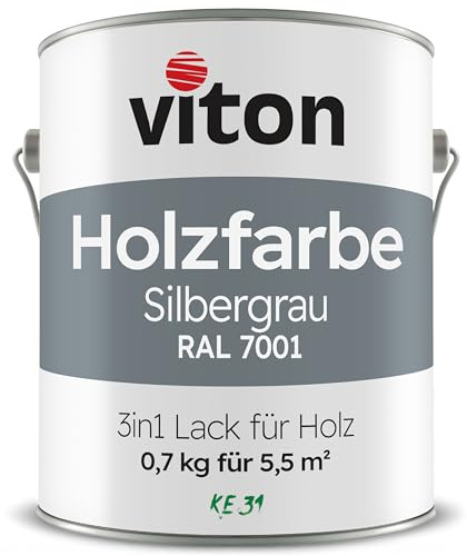 Viton Holzfarbe in Silber - 0,7 Kg Holzlack Seidenmatt - Wetterschutzfarbe für Außen - 3in1 Grundierung & Deckfarbe - Profi-Holzschutzlack - KE31 - RAL 7001 Silbergrau
