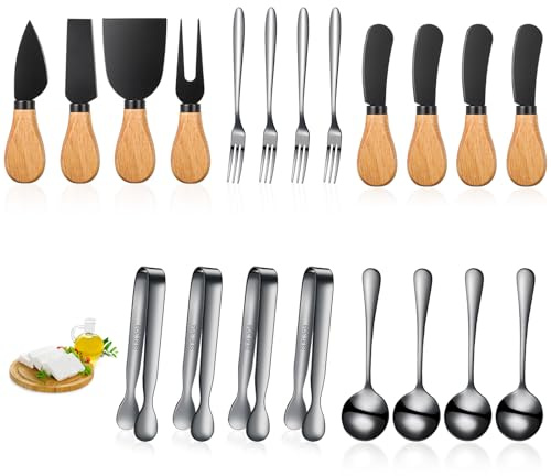 20 Pieces Charcuterie Board Accessories Spreader Knife Set Cheese Butter Spreader Knife Charcuterie Utensils with Wooden Handles Mini Serving Tongs Spoons Forks for party Wedding Christmas (Black)