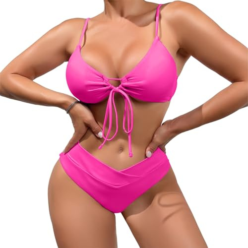 Meioro Conjunto de Bikini para Mujer Traje de Baño Triangulo Recortado, Traje de Baño de Dos Piezas con Cuello en V, Traje de Baño con Cintura Baja, Sexy Traje de Baño con Nudo(Rosa Brillante,L)