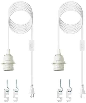 Zarnicy Plug in Light Socket - 16Ft Pendant Light Cord Kit E26/E27 Light Socket Hanging Lantern Lamp Cord with On/Off Switch,Socket Rings, 2 Pack, White