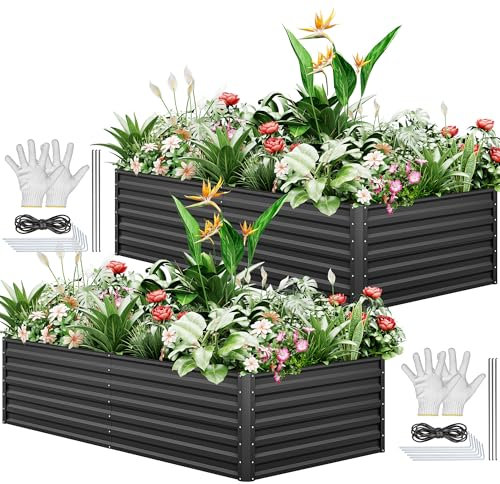 YITAHOME 2Pcs Outdoor Raised Garden Bed Kit 240x120x58cm, Raised Beds Thickened Zinc-Aluminum-Magnesium Metal Raised Beds for Garden with Support Rod & Gloves for Vegetables Flowers Fruits (Black)