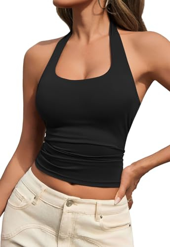 MAOECO Women's Sexy Halter Workout Going Out Cami Crop Tank Tops Black