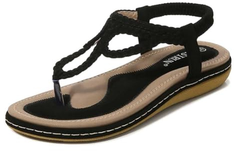 LYMLYB Sandalias Bohemias con Purpurina para Mujer, cómodas y Elegantes, Planas, con Tiras en T, Informales, para Caminar, a la Moda, para Verano,Negro,43 EU