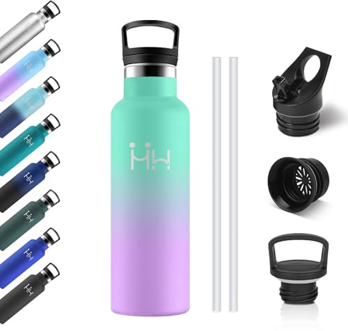 Botella Agua Acero Inoxidable 500ml, Botella Termica con Pajita, Cantimplora Termo con Doble Aislamiento, sin BPA, Termo Reutilizable para Camping, Niño, Niña, Adulto, Deporte, Oficina, Fitness