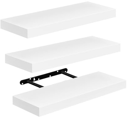 FURNITABLE Set de 3 Estante de Pared 14x40x3cm Color Blancas, Balda Flotante Pared de Madera Fijación Invisible, Estantes de Almacenamiento Decorativos, Ideal para Salón, Habitación, Pasillo