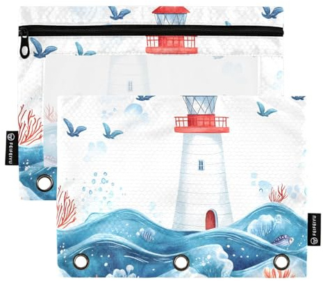 Quteprint Federmäppchen für 3-Ring-Ordner, Wasserfarben, Leuchtturm, Vögel, 2 Stück, Reißverschluss, mit transparentem Fenster und verstärkten Ösen für Ordner, Federmäppchen, Taschen, Organizer für