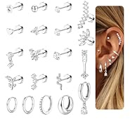 LOLIAS 20Pcs Helix Piercings Chirurgenstahl Ohrringe Damen Flatback Ohrstecker Knorpel Ohrpiercing Set Klein Ohrring mit Flachem Verschluss Creolen Silber Conch Helix Tragus Piercing Ohr Schmuck
