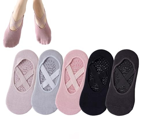 CHUANFU 5 par pilatesstrumpor för kvinnor, yogastrumpor, stoppstrumpor dam, en storlek som andas, halkfria strumpor, för yoga, barer, pilates, dans, fitness, studsmatta