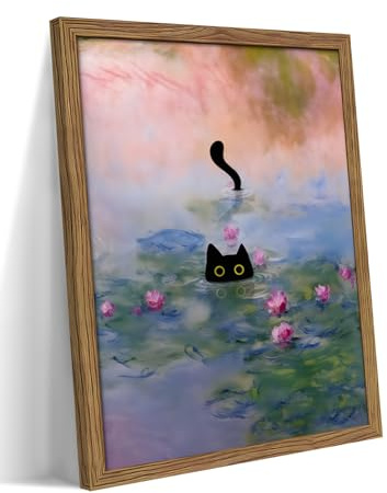 Vintage Framed Cat Canvas Wall Art Monet Print, Funny Black Cat in Water Lilies Poster, Monet Office Wall Decor, Floral Oil Painting Picture Artwork for Living Room Bathroom Aesthetic – 8x10 inch