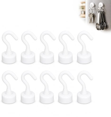 Hominas Ganchos Magnéticos Extra Fuertes 5 kg 10 Unidades Blanco Imanes de Plástico con Ganchos 16 mm de Diámetro Sin Perforación para Cocina Baño Garaje Oficina