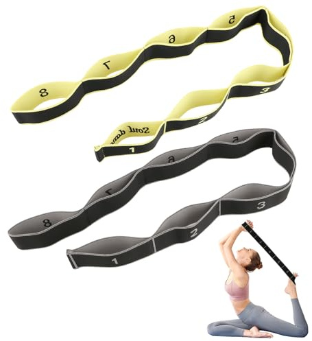 QEAS 2 Pièces Sangle de Yoga, Band D'étirement de Yoga avec 8 Boucles, Ceinture de Yoga Elastique, Bande Élastique Stretch Bandes Ceinture pour Fitness Pilates Stretch(Gris/Noir)