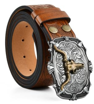 Ziyonix Western Cowboy Bälte Western Cowboy Cowgirl Blommig Gravering Longhorn Bull Herr Blommig Graverad Vintage Präglat Bälte för Jeans Bälte Julklappar