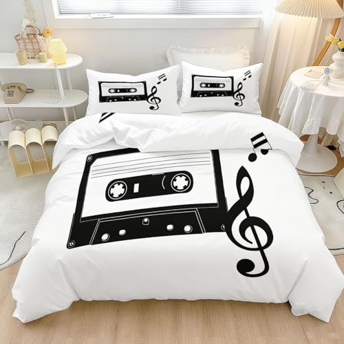 Soft Microfiber Duvet Cover White, Minimalist Cassette Tape Musical Note Theme Pattern Breathable Fade Resistant Bedding, Twin Size Hypoallergenic Comforter Covers with Zipper Closure