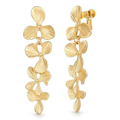 Gold Clip On Earrings for Women - Gold Flower Earrings with Flower Shape | Flower Dangle Earrings, Large Floral Statement Earring, No Piercing Jewelry, Lilac Flower Shaped