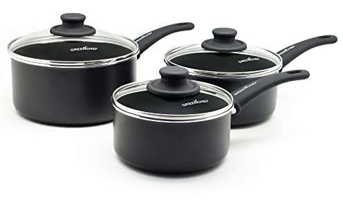 GreenChef Diamond Healthy Ceramic Non-Stick 3-Piece Saucepan Pots Set with Lids, 16 cm, 18 cm and 20 cm, PFAS-Free, Induction, Black