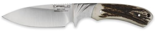 iFIELD Cuchillo de caza deportivo Camper EL29019, hoja 10,8 cms, grosor 3,8 mm, total 22,8 cm, mango de ciervo, con funda de piel, herramienta de camping para pesca, caza, actividad deportiva
